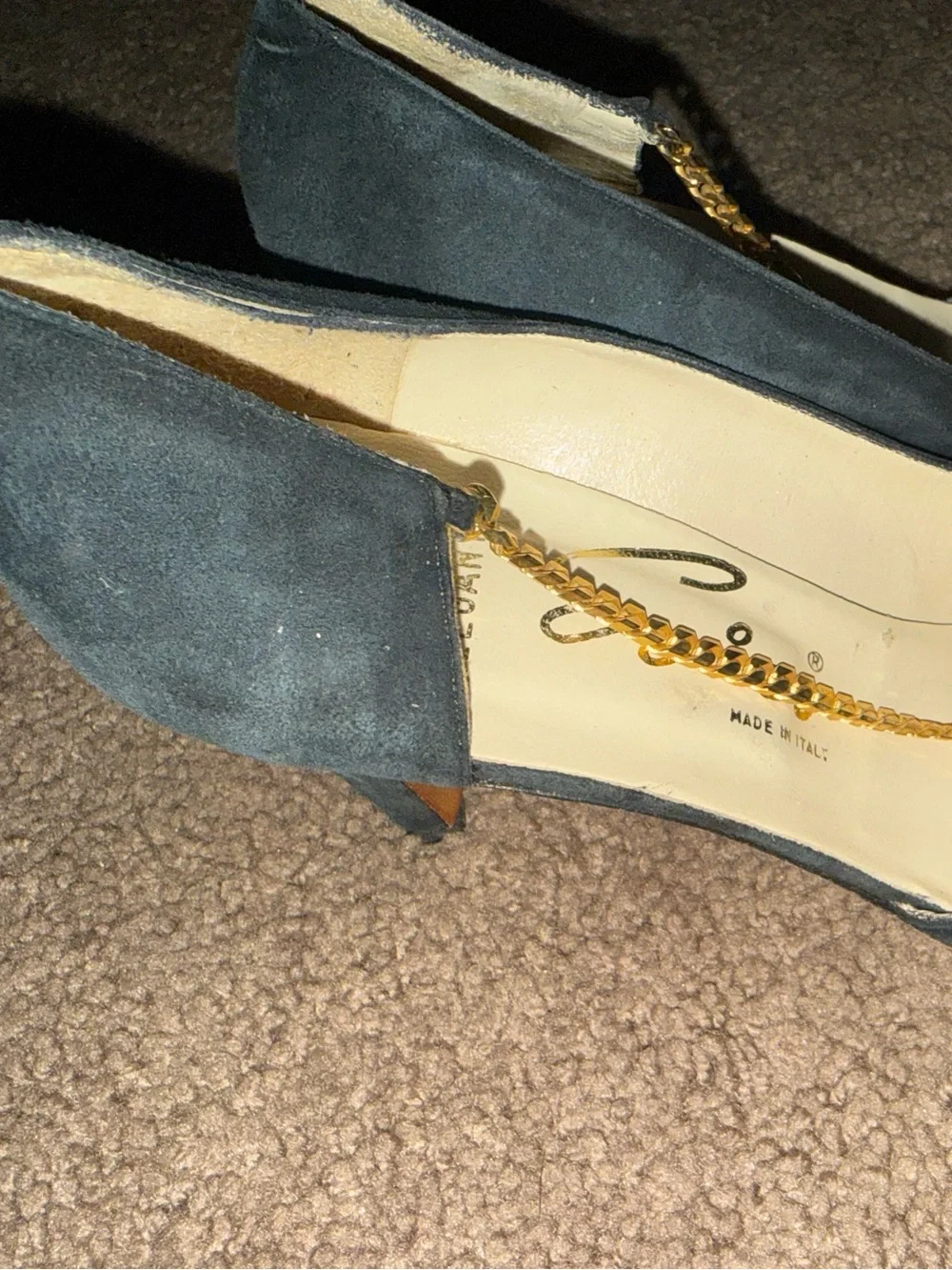 Black Suede Pointed-Toe Pumps with Gold Chain Accent